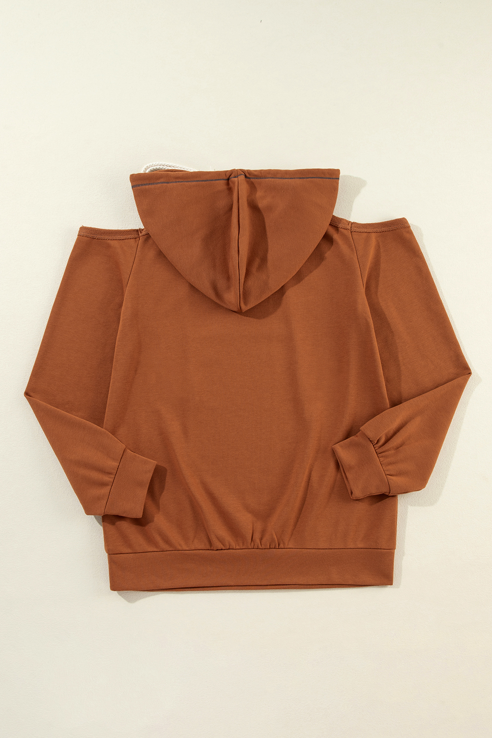 Cinnamon Exposed Seam Cold Shoulder Drawstring Hoodie - loveforevers