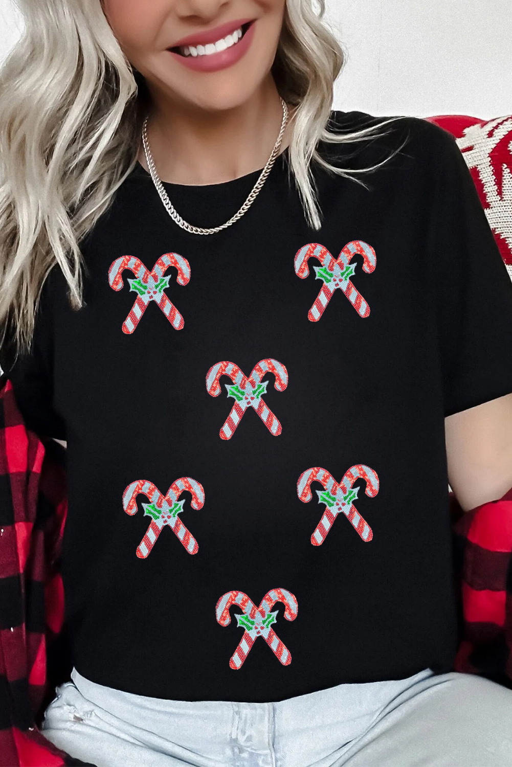 Black Holly Candy Cane Christmas Sequin Graphic T Shirt - loveforevers