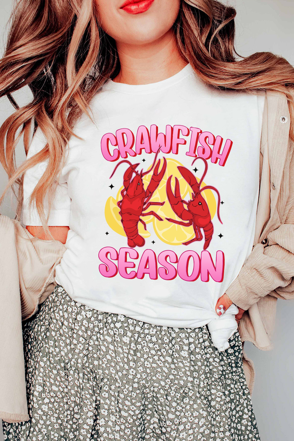 White CRAWFISH SEASON Lemon Spice Graphic Tee - loveforevers