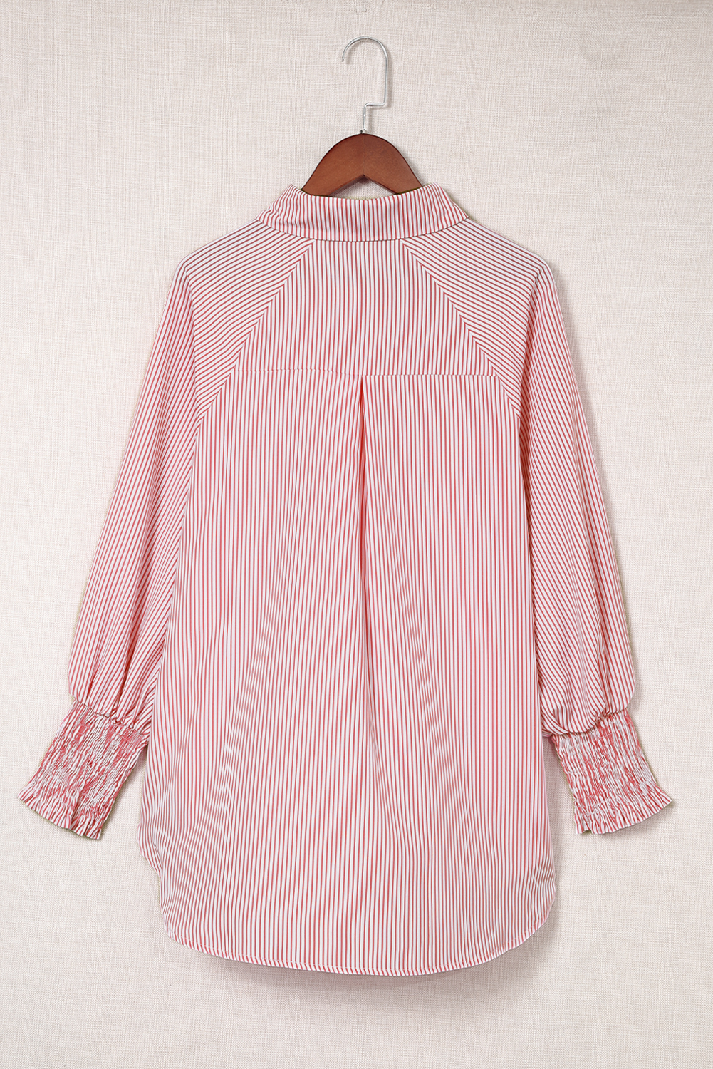 Red Stripe Smocked Cuffed Striped Boyfriend Shirt with Pocket - loveforevers