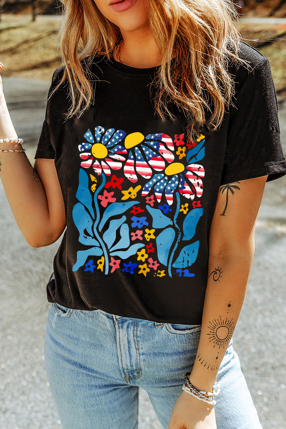 Black USA Flag Flower Graphic Drop Shoulder T Shirt - loveforevers