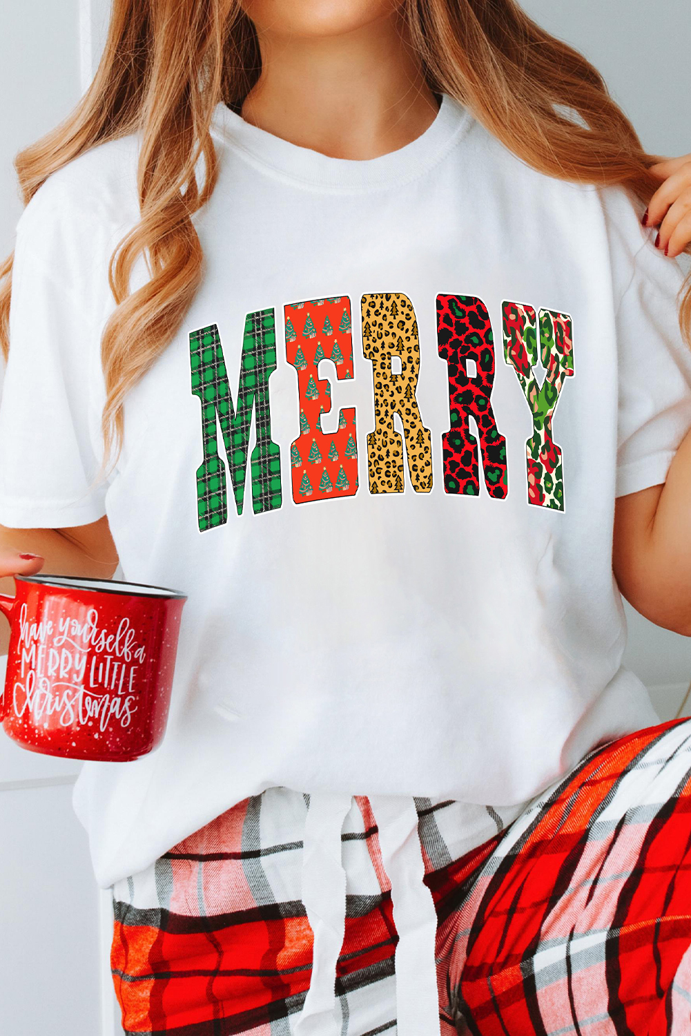 White Leopard Plaid Multi-pattern MERRY Letter Graphic Tee - loveforevers