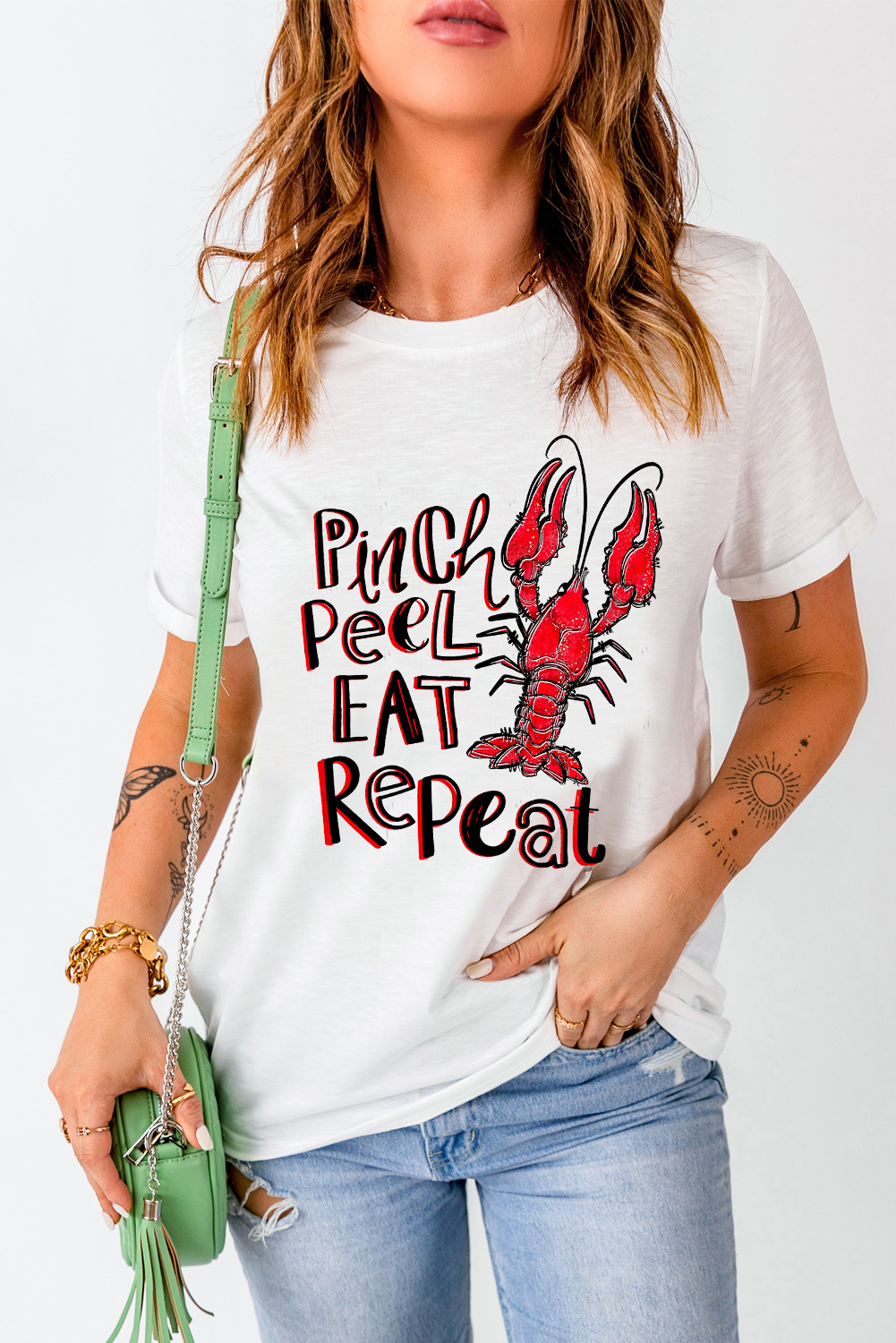 White Pinch Peel Eat Repeat Crawfish Print Crew Neck Tee - loveforevers