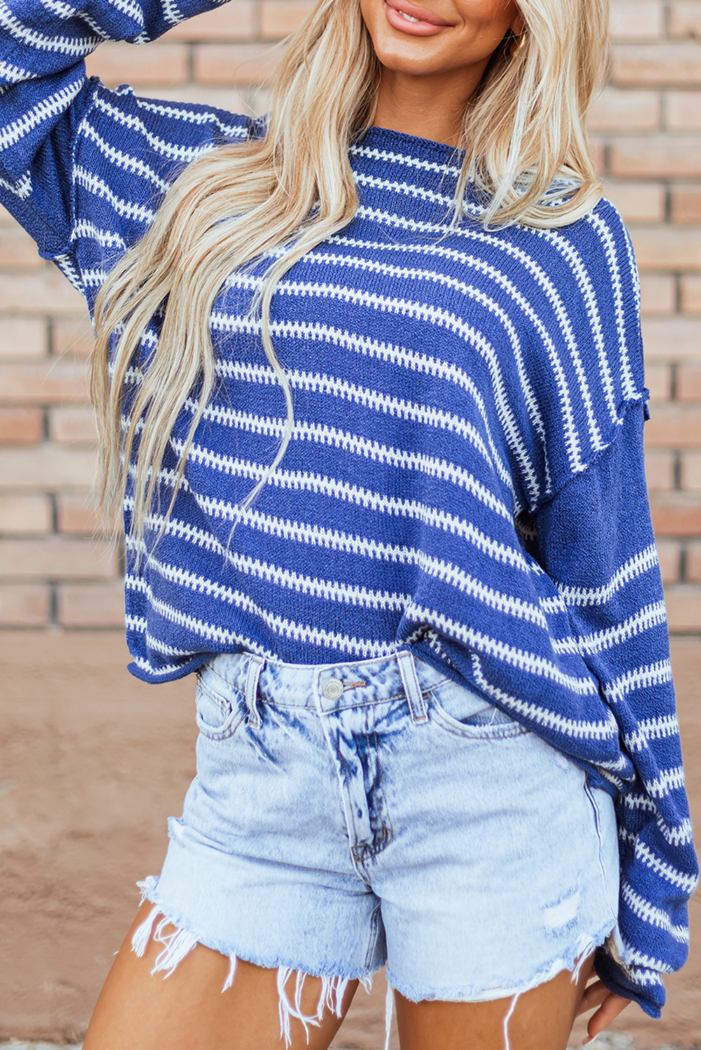 Sky Blue Stripe Drop Shoulder Casual Sweater - loveforevers