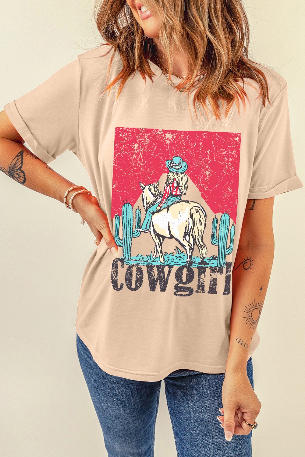 Khaki Cowgirl Rodeo Graphic Western Fashion Tee - loveforevers