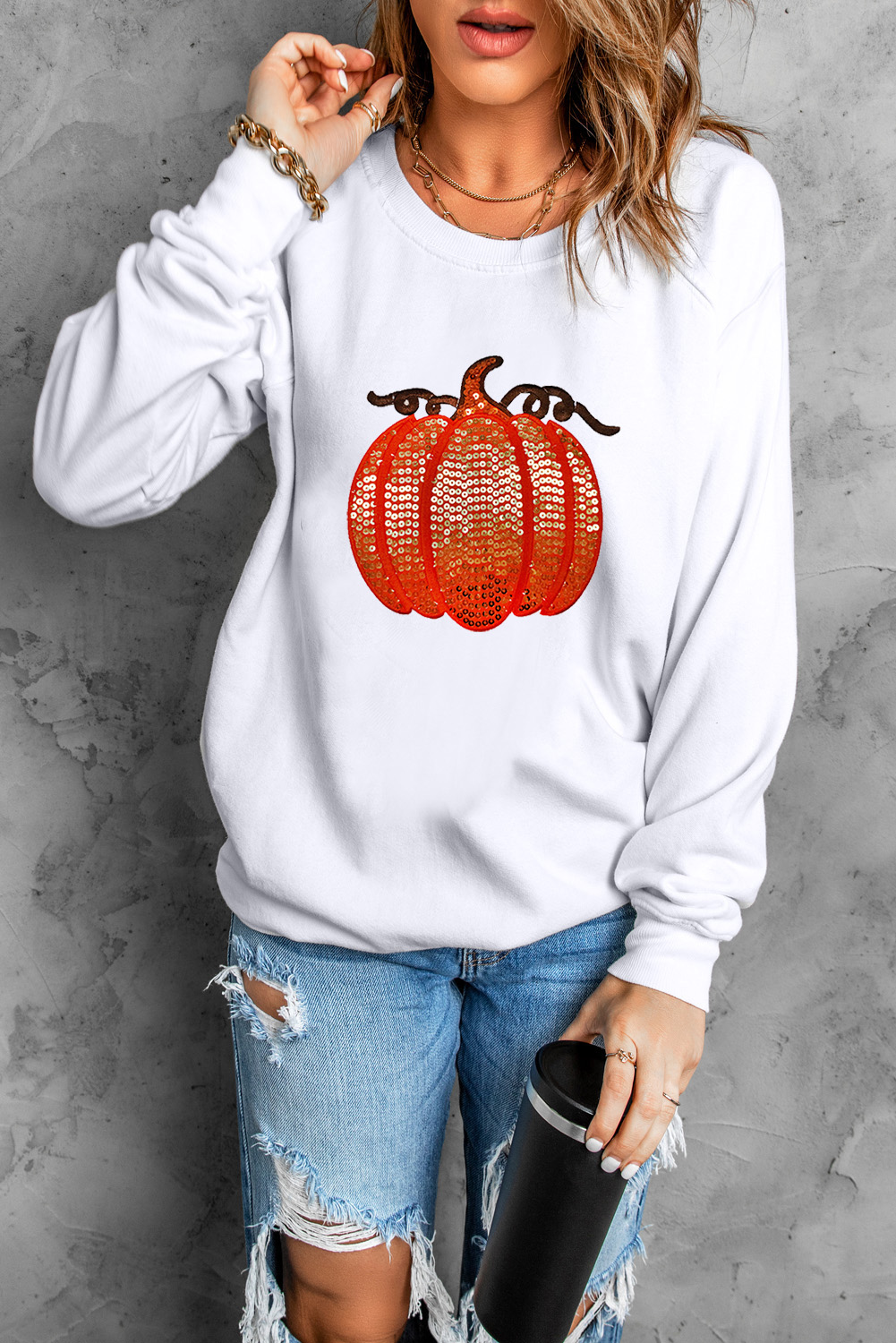 White Sequin Pumpkin Patched Casual Pullover Graphic Sweatshirt - loveforevers