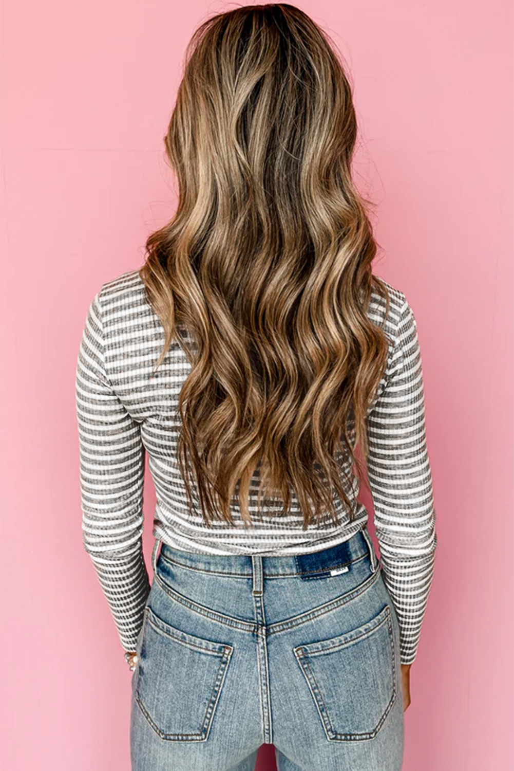 Gray Stripe Ribbed High Neck Slim Fit Long Sleeve Top - loveforevers