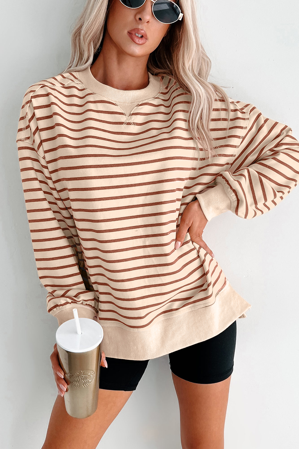 Khaki Stripe Ribbed Band Seam Detail Baggy Sweatshirt - loveforevers