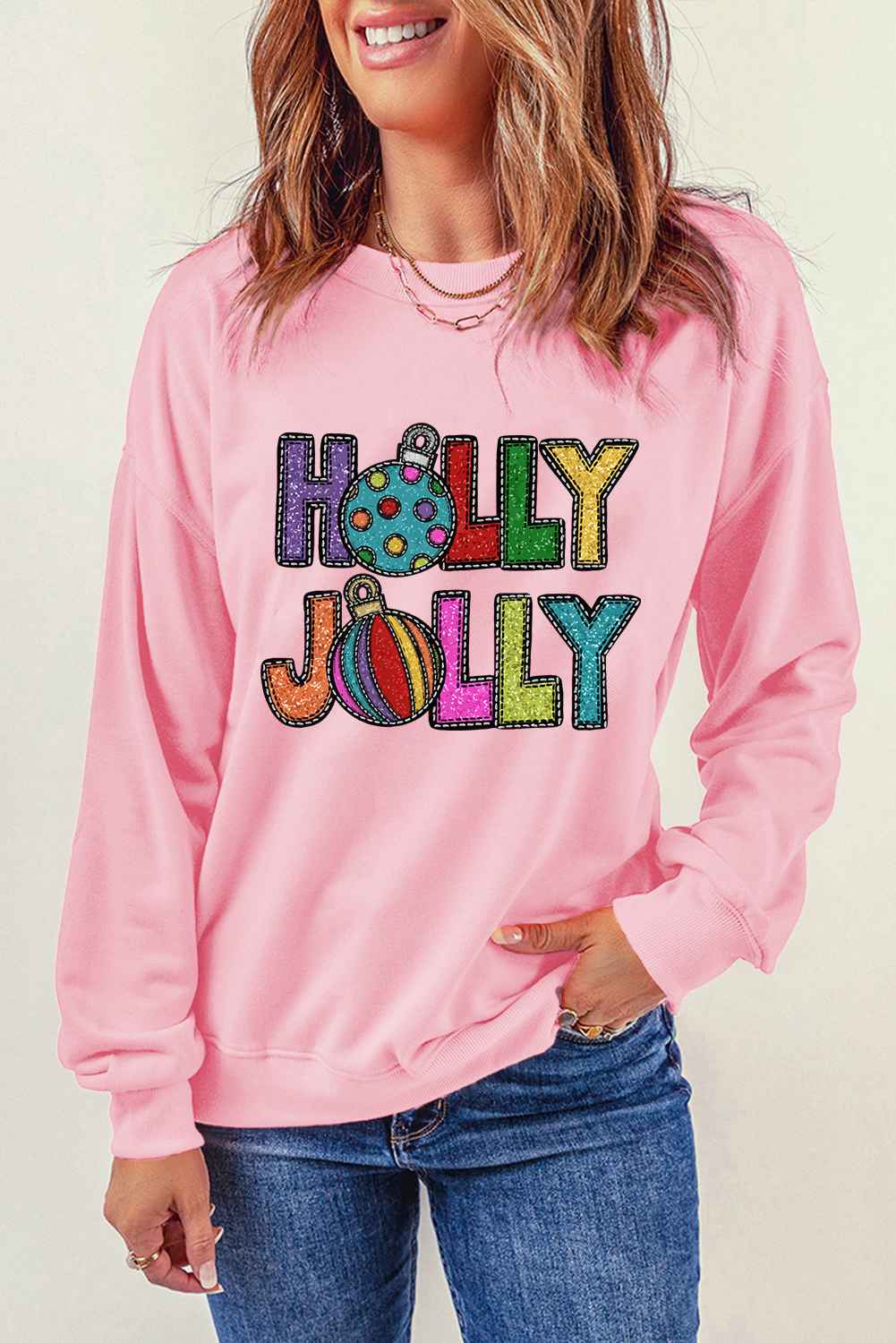 Pink HOLLY JOLLY Christmas Festive Letter Graphic Sweatshirt - loveforevers
