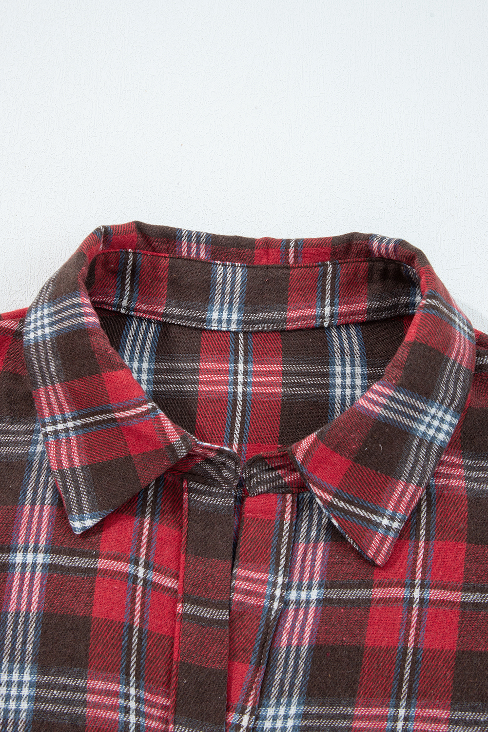Red Plaid Print Collared V Neck Loose Blouse with Side Slits - loveforevers