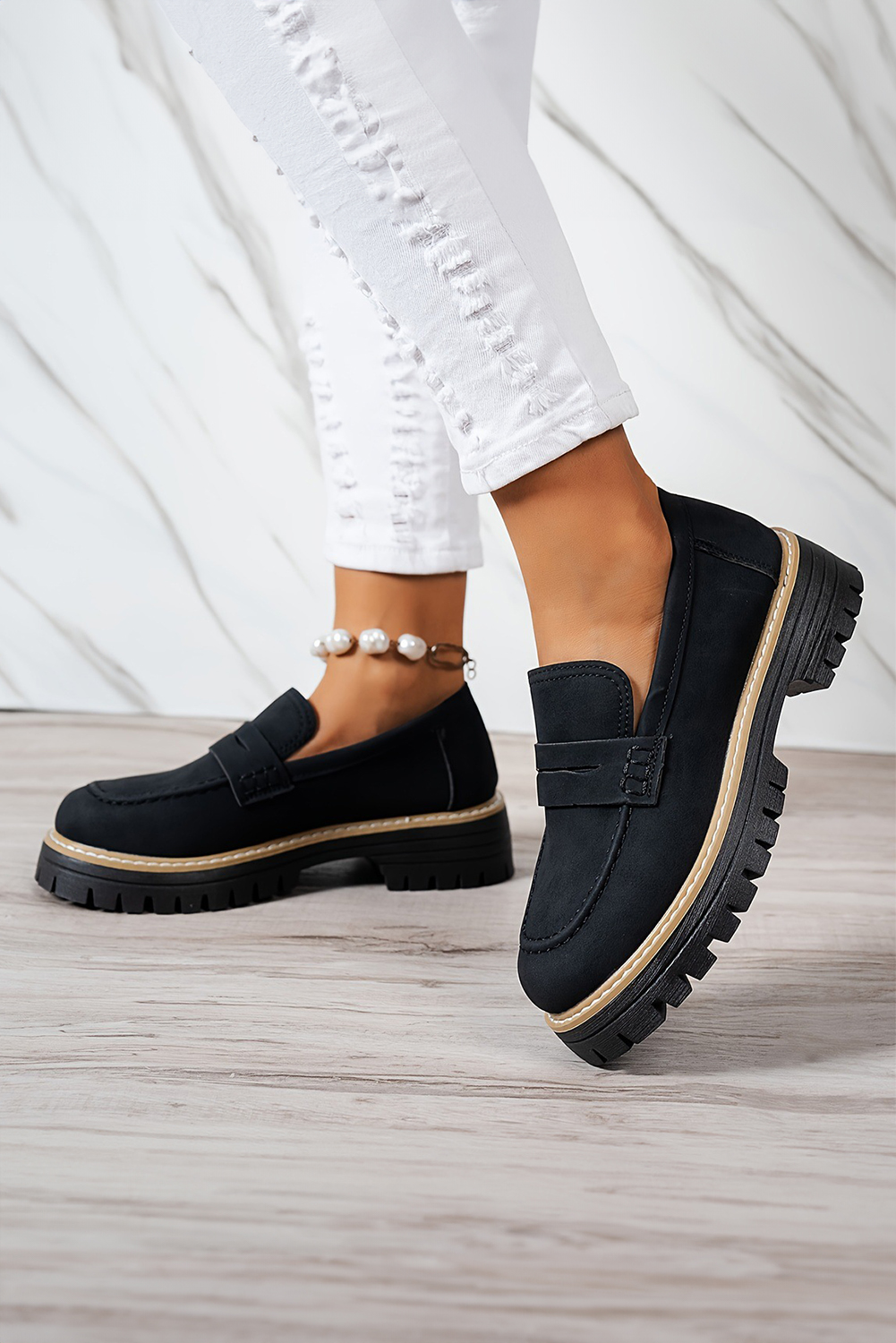 Black Faux Suede Slip-on Chunky Loafers - loveforevers