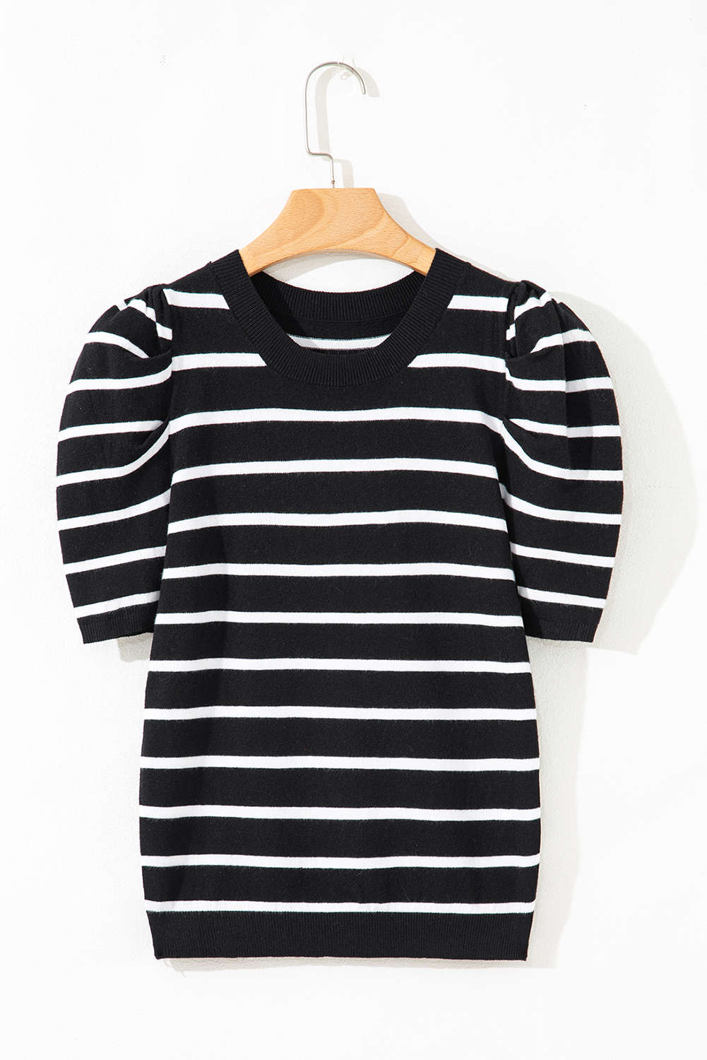 Blue Stripe Ribbed Trim Round Neck Bubble Sleeve Knitted Top - loveforevers