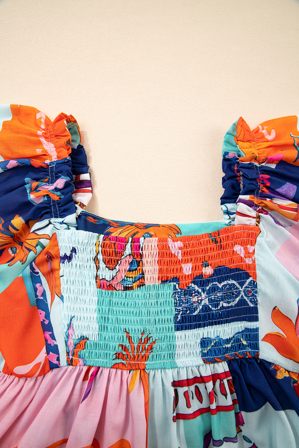 Sky Blue Tropical Printed Square Neck Flutter Sleeve Babydoll Blouse - loveforevers