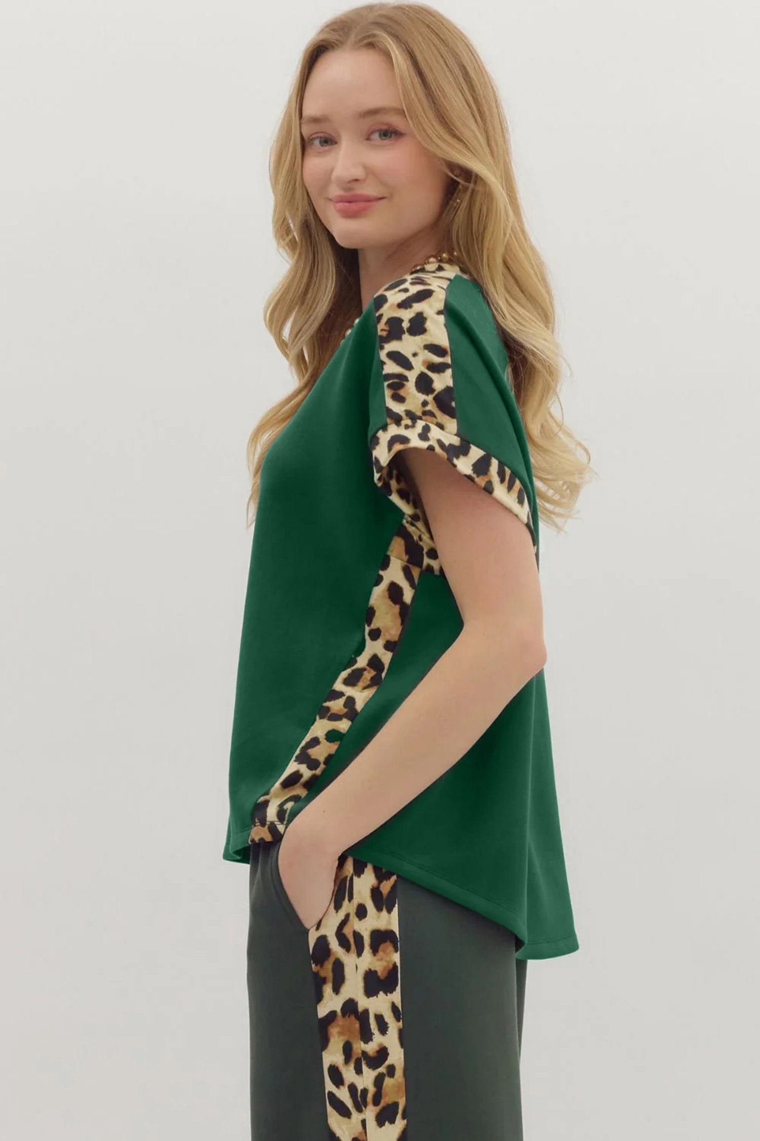 Sea Green Leopard Trim Round Neck Loose T Shirt - loveforevers