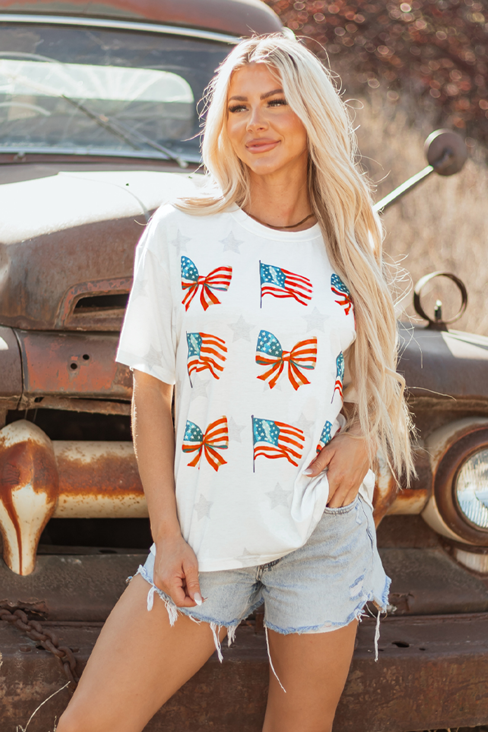 Khaki Patriotic Flag Bow Graphic Starry Round Neck T Shirt - loveforevers