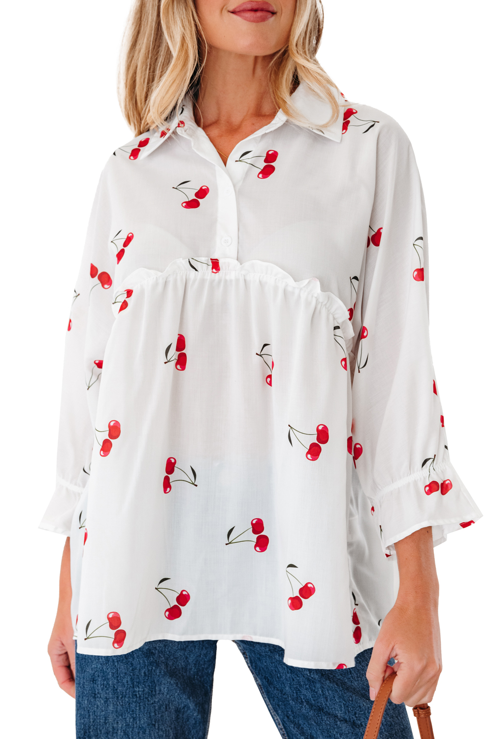 White Cherry Print Flounce Sleeve Collared Frilled Babydoll Blouse - loveforevers