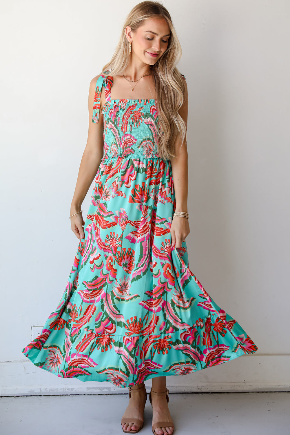 Green Abstract Print Smocked Bodice Knotted Straps Ruffled Maxi Dress - loveforevers