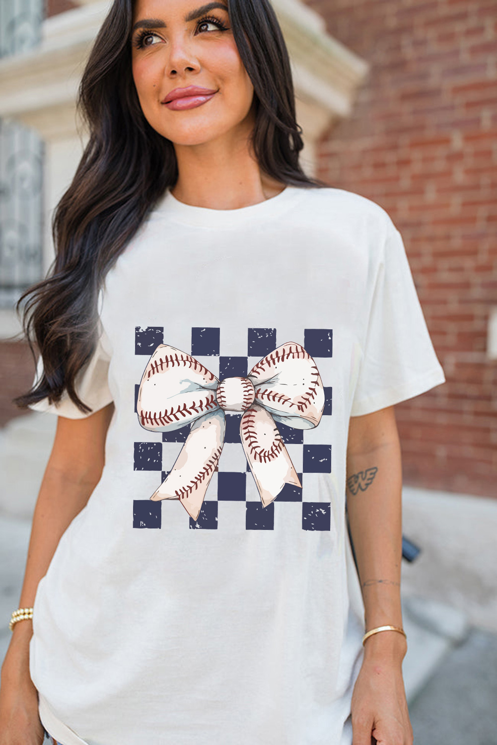 White Checkered Rugby Bowknot Graphic Crew T Shirt - loveforevers