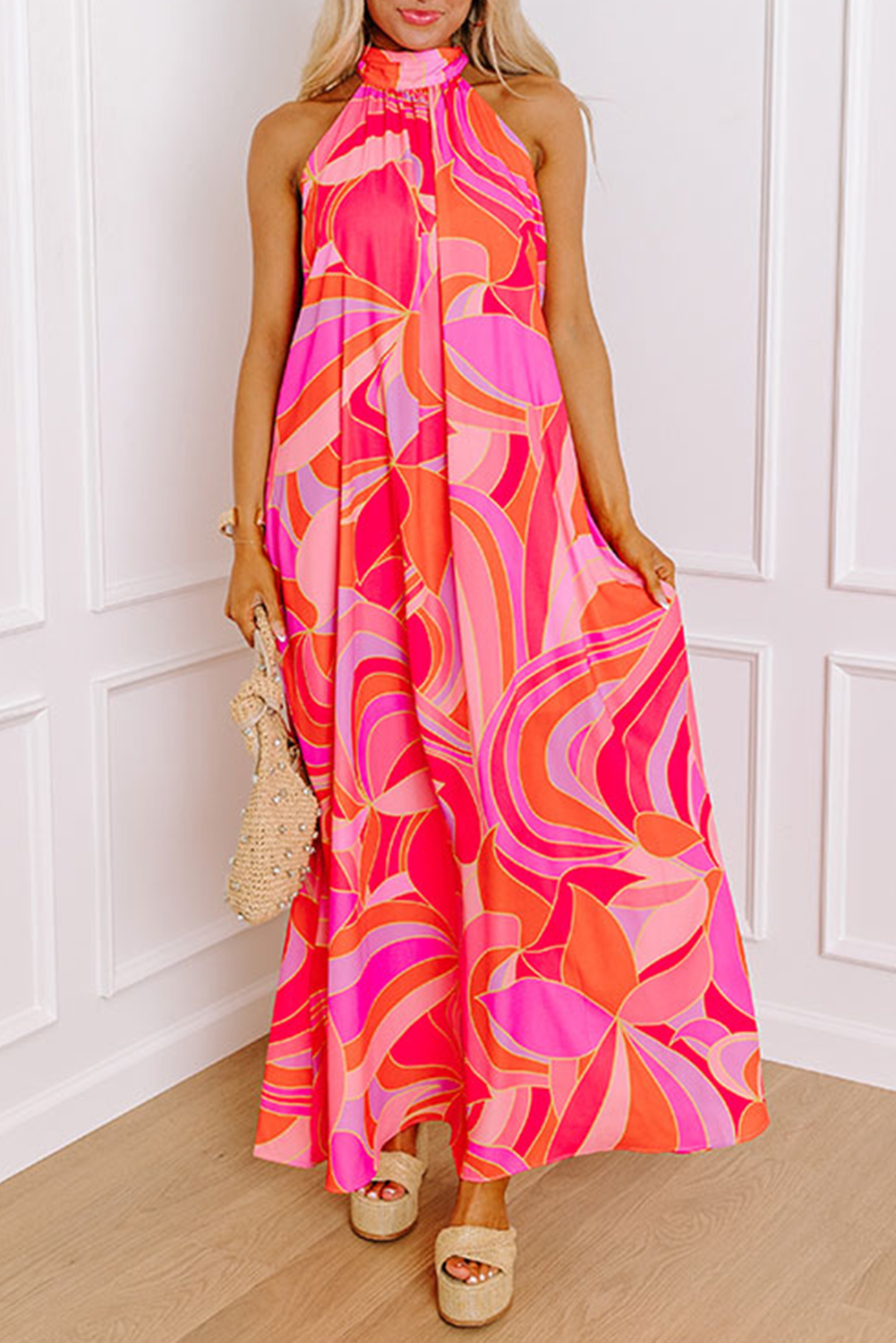 Rose Abstract Printed High Neck Knotted Nape Sleeveless Maxi Dress - loveforevers