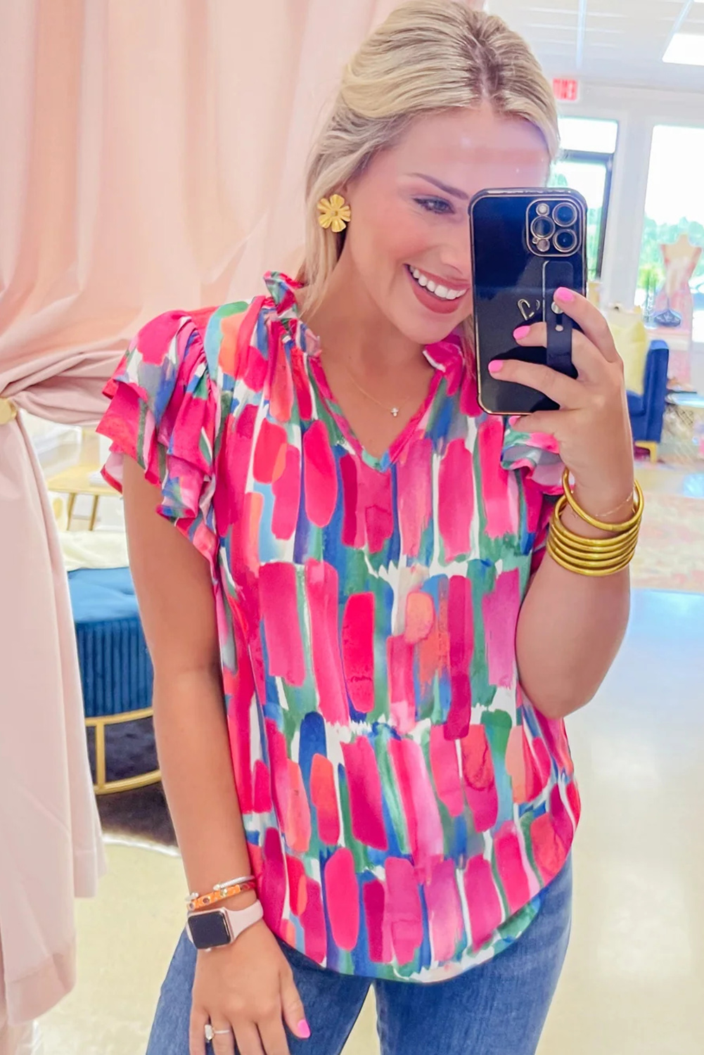 Rose Abstract Brush Print Ruffled Sleeve Frill V Neck Blouse - loveforevers