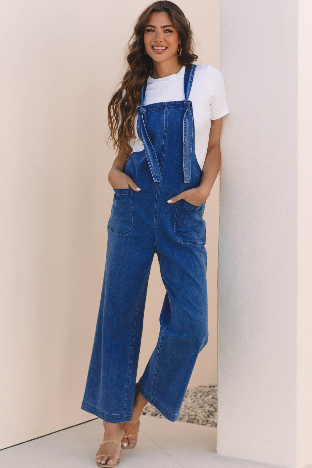 Prussian Blue Mineral Wash Knotted Strap Patched Pocket Wide Leg Denim Overall - loveforevers