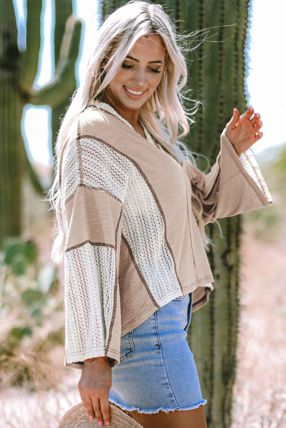 Grass Green Crochet Detail Exposed Seam High Low Loose Top - loveforevers