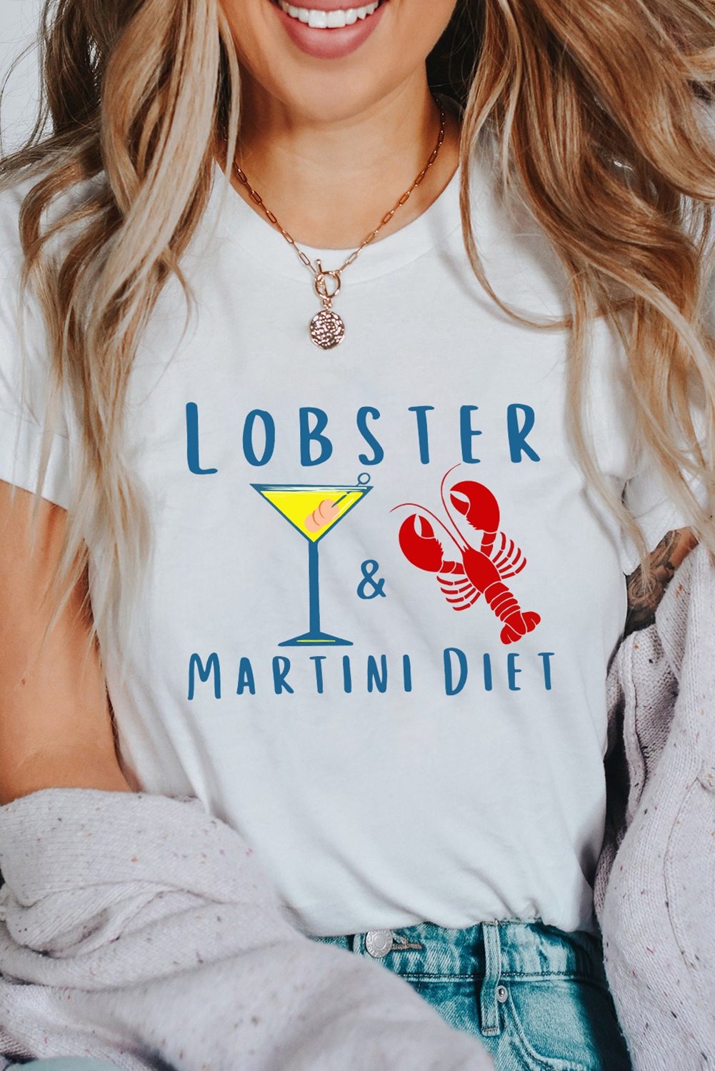 White LOBSTER MARTINI DIET Cocktail & Crawfish Print T Shirt - loveforevers