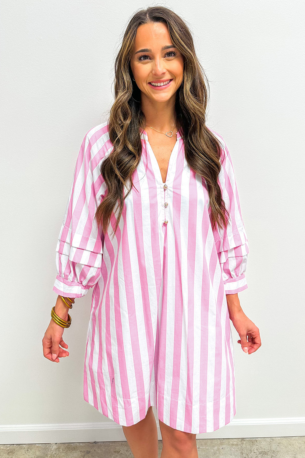 Rose Stripe Bracelet Sleeve Buttons Loose Mini Dress - loveforevers