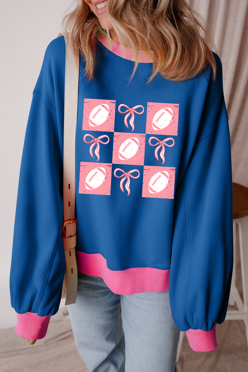 Blue Rugby Bowknot Graphic Game Day Contrast Trim Drop Shoulder Casual Sweatshirt - loveforevers