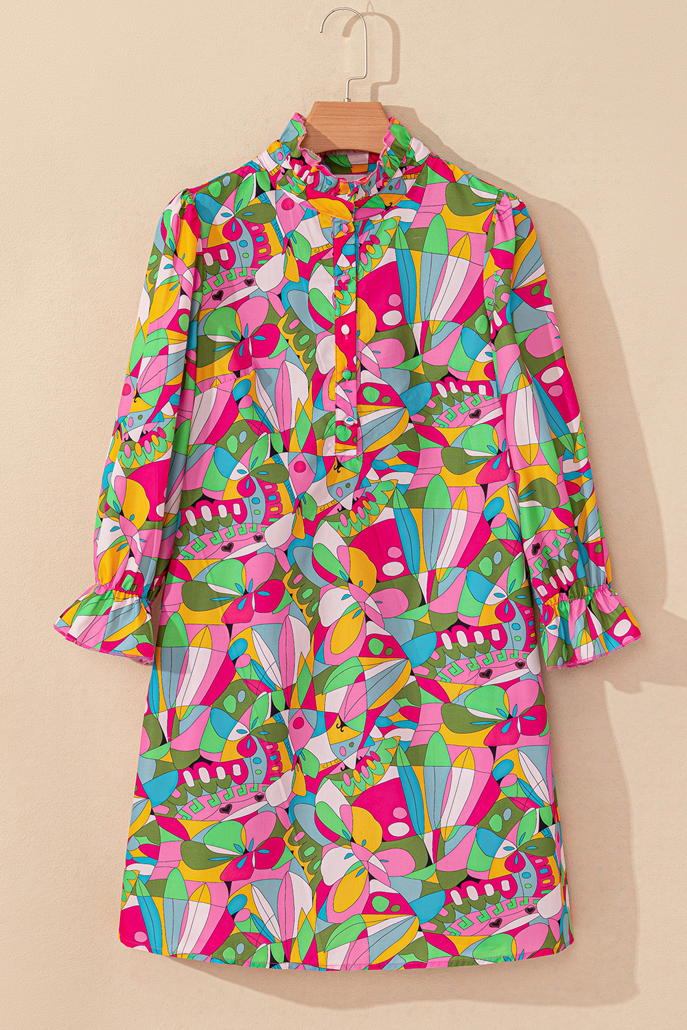 Pink Abstract Printed Lantern Sleeve Buttoned Mini Dress - loveforevers