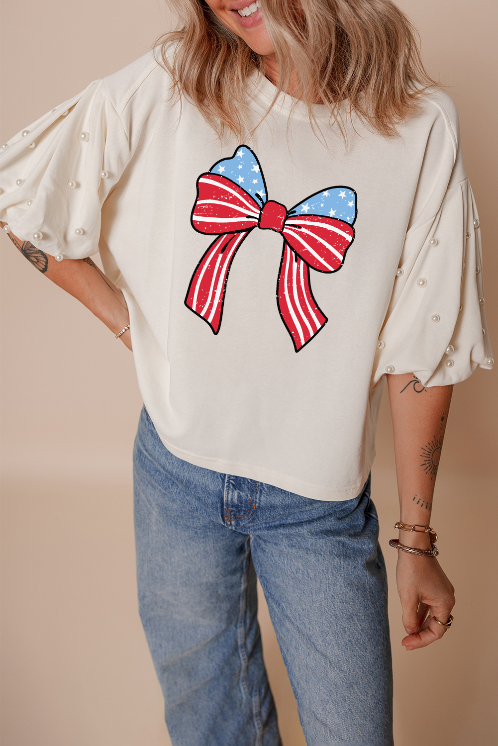 White Stars Stripes Bowknot Graphic Pearled Puff Half Sleeve T Shirt - loveforevers