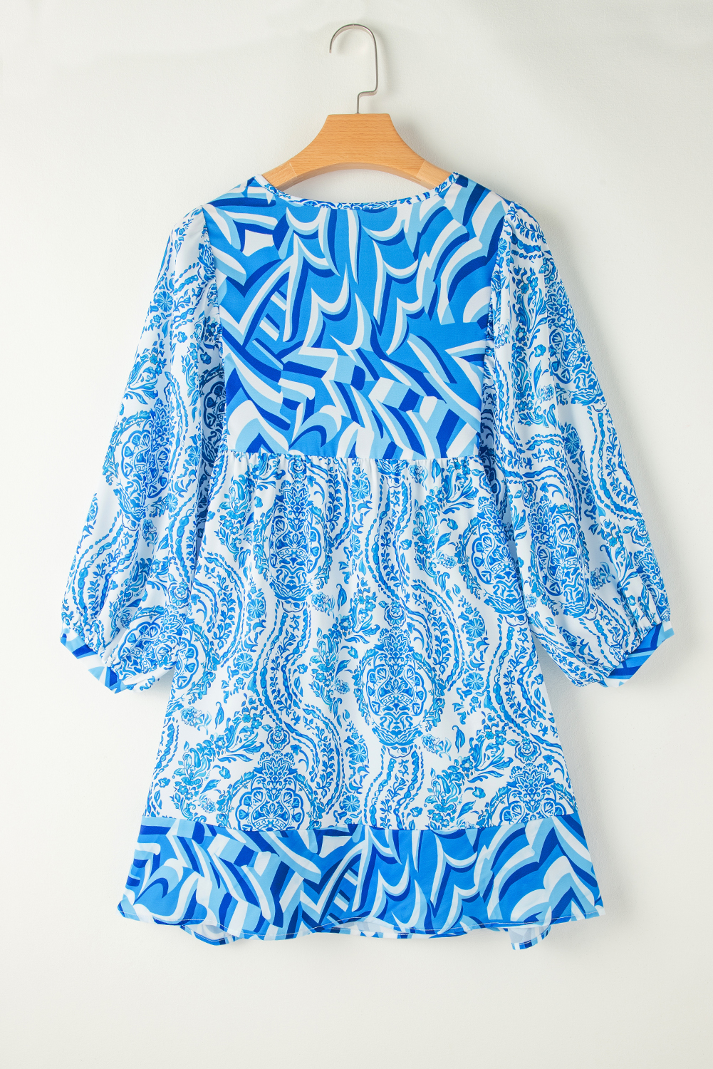 Sky Blue Bohemian Print Puff Sleeve Tied V Neck Flared Mini Dress - loveforevers