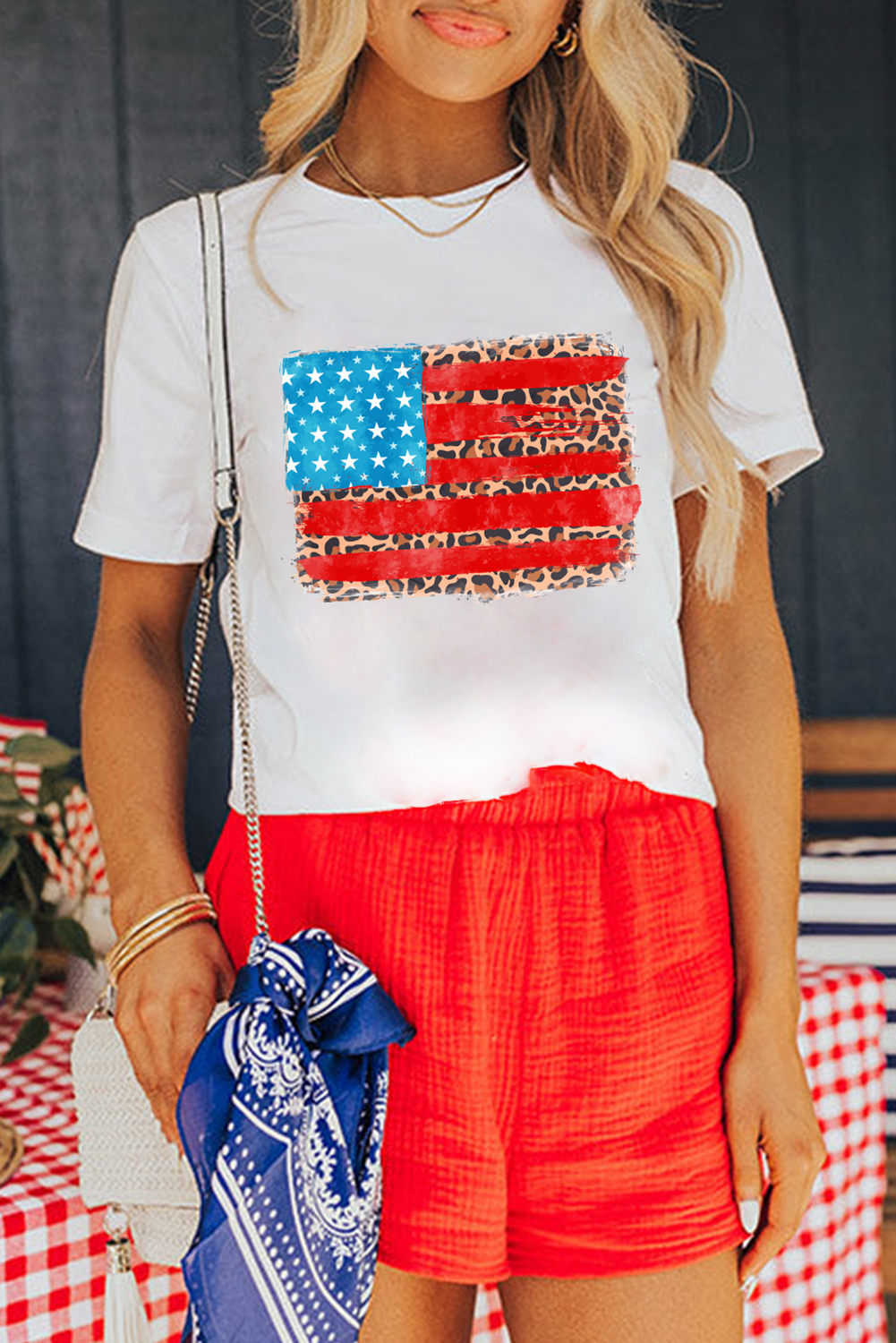 White Leopard Insert American Flag Pattern Cotton Blend T Shirt - loveforevers