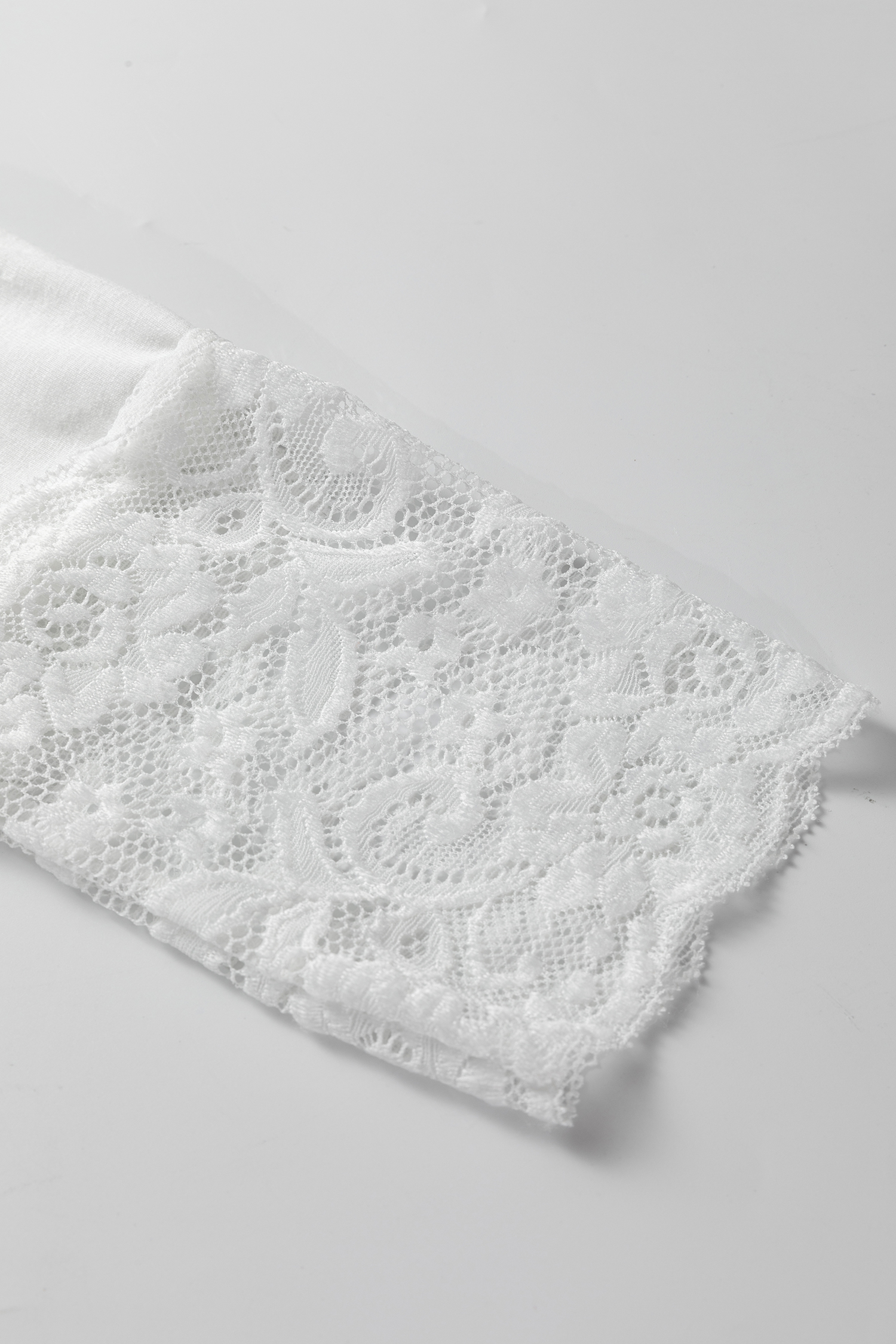 White Lace Trim V Neck Cuffed Long Sleeve Loose Top - loveforevers