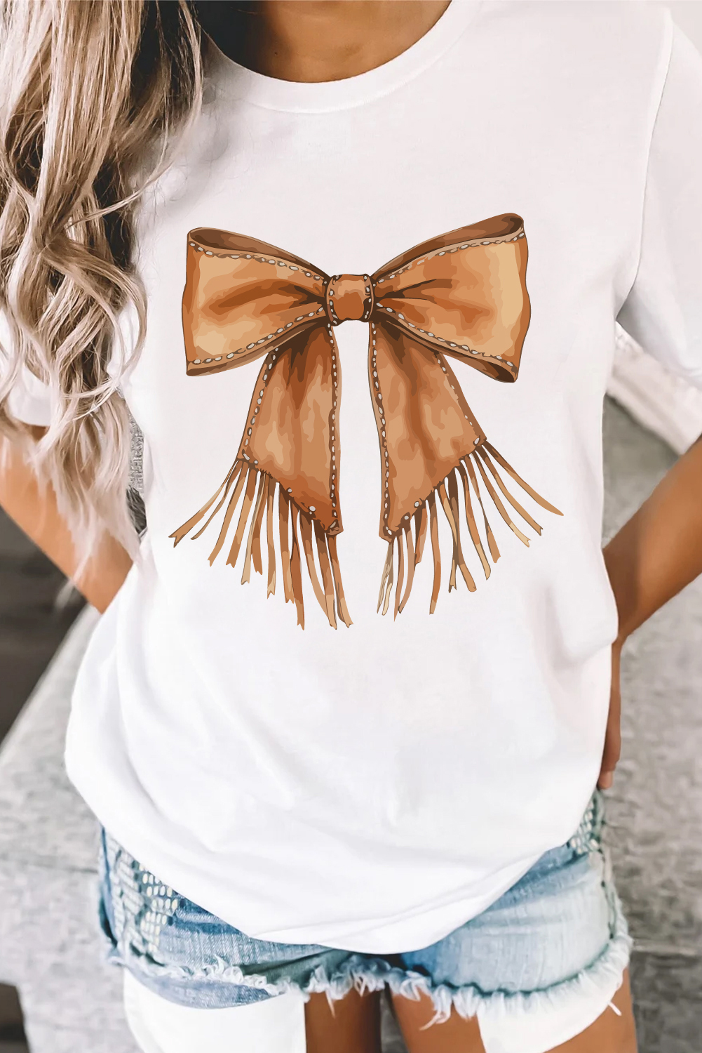 White Tassel Bowknot Print Round Neck Western Fashion T Shirt - loveforevers