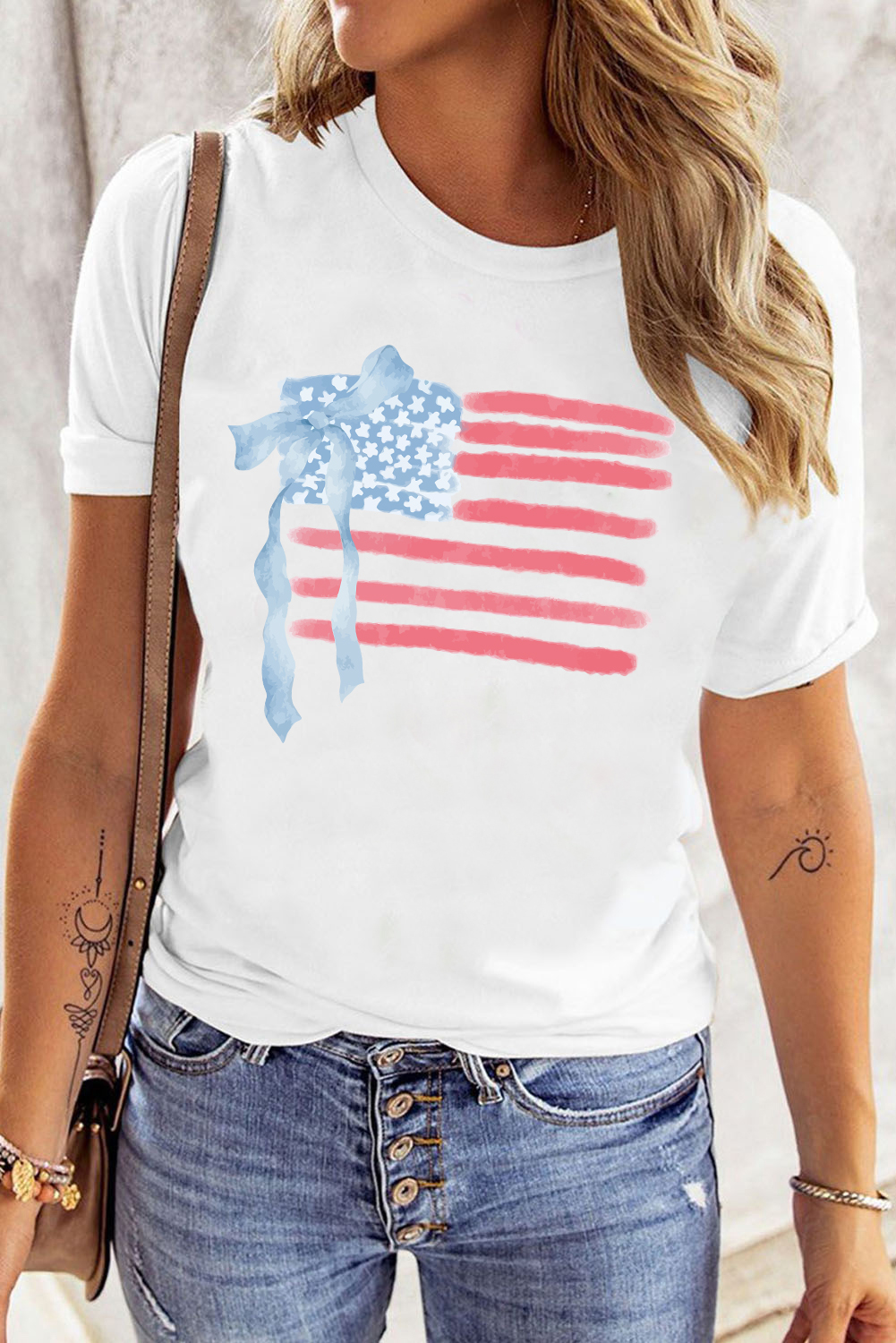 White American Flag Bow Knot Print Crew Neck T Shirt - loveforevers