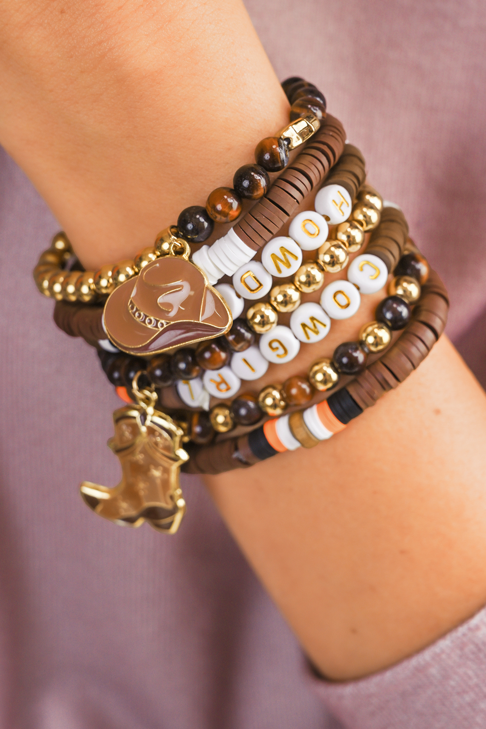 Coffee HOWDY COWGIRL Western Beaded 7pcs Stretch Bracelet Set - loveforevers