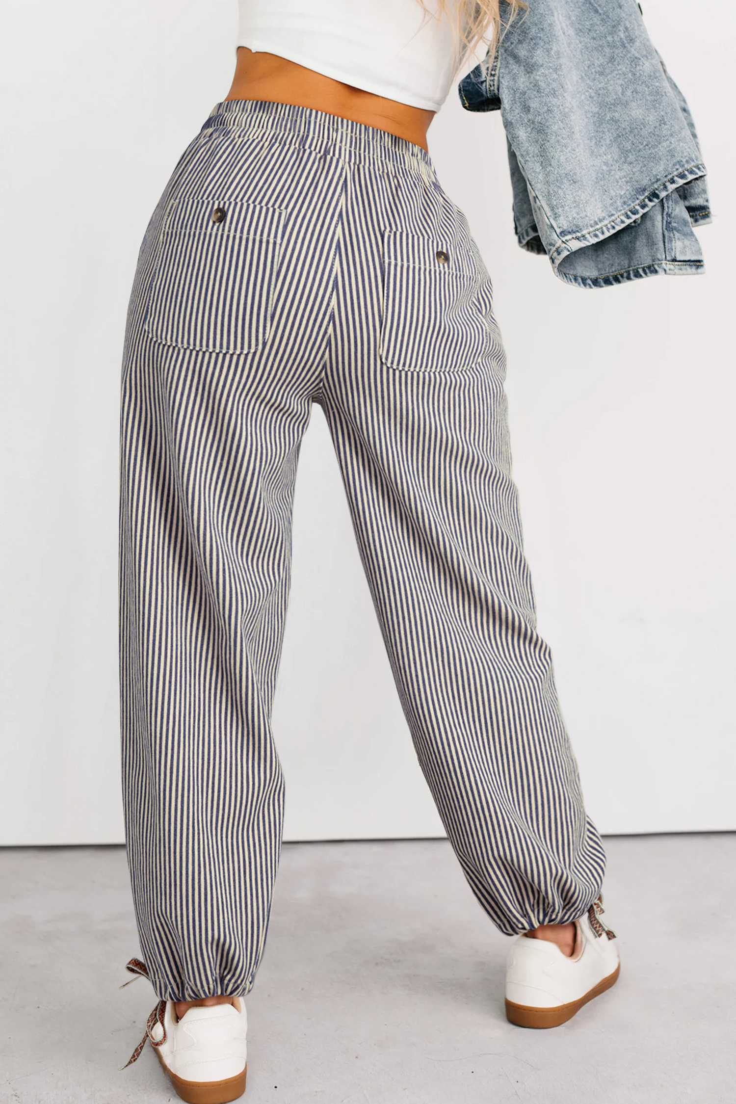 Khaki Stripe Button Patch Pocket Drawstring Elastic Waist Loose Pants - loveforevers