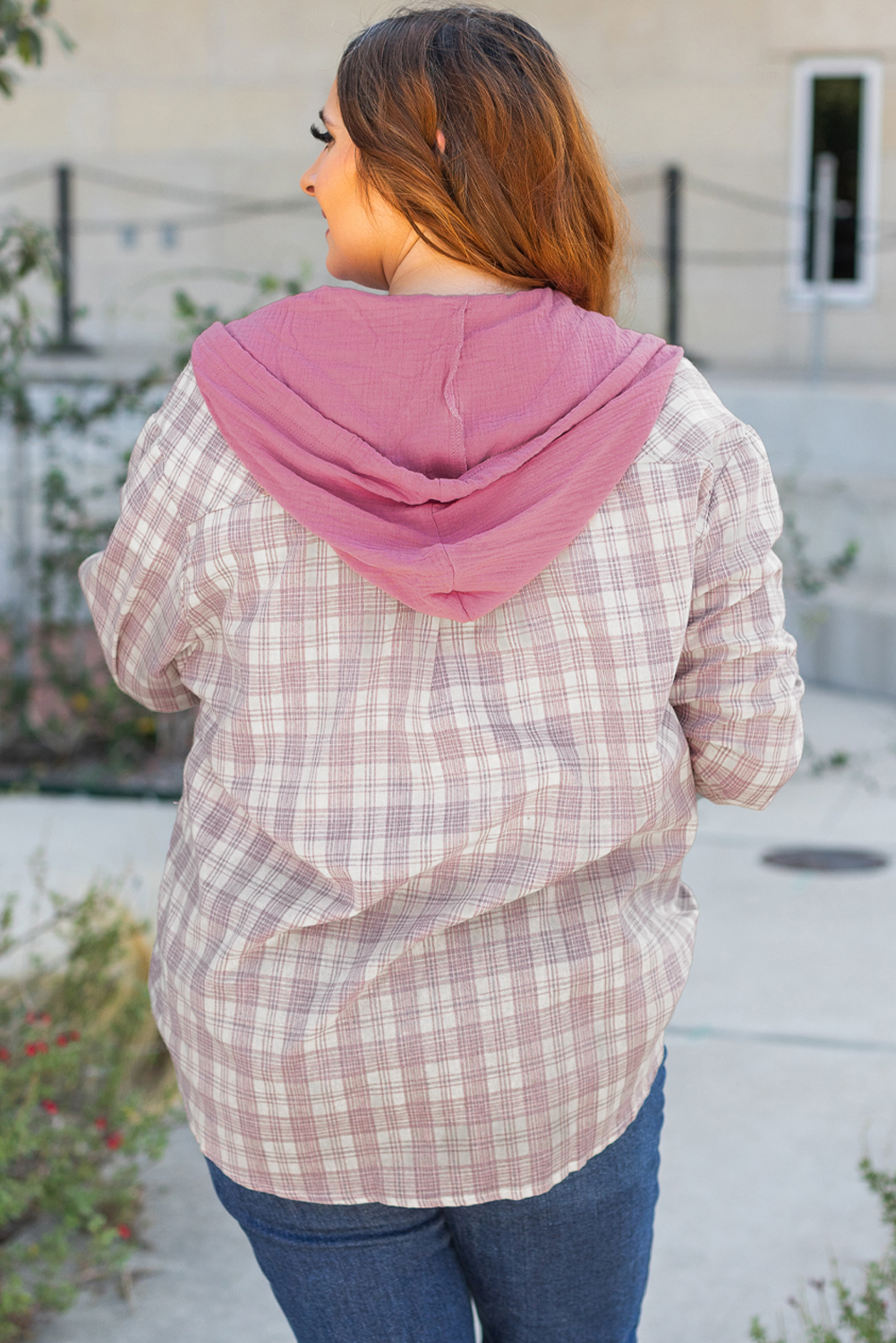 Khaki Checkered Print Loose Fit Buttoned Hooded Shacket - loveforevers