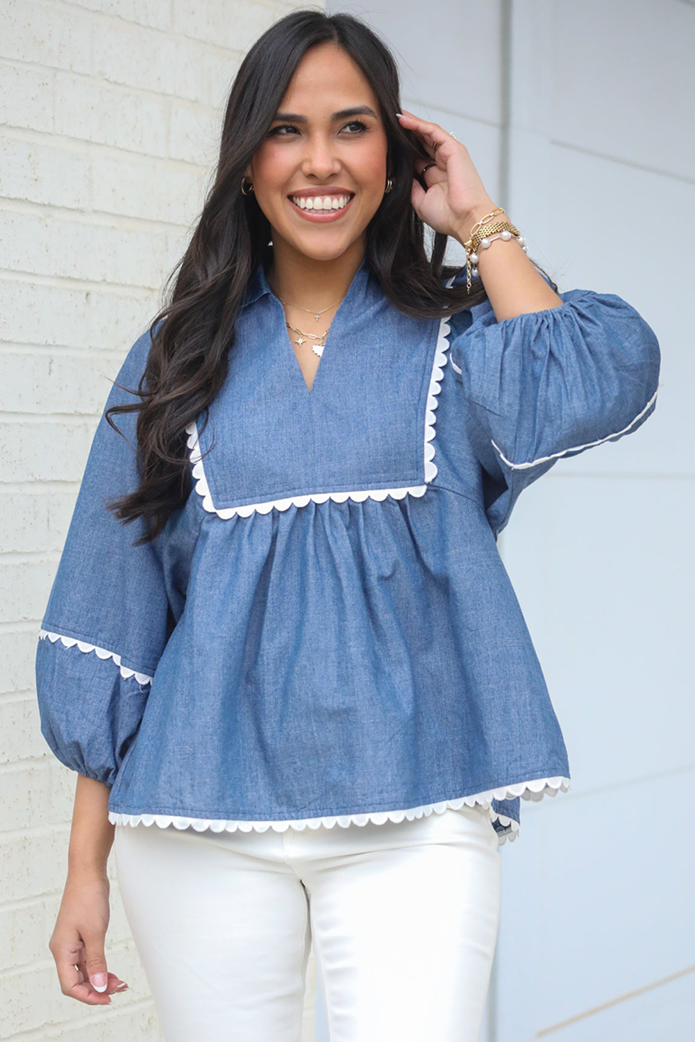 Dusk Blue Lace Ric Rac 3/4 Puff Sleeve Collared Babydoll Blouse - loveforevers
