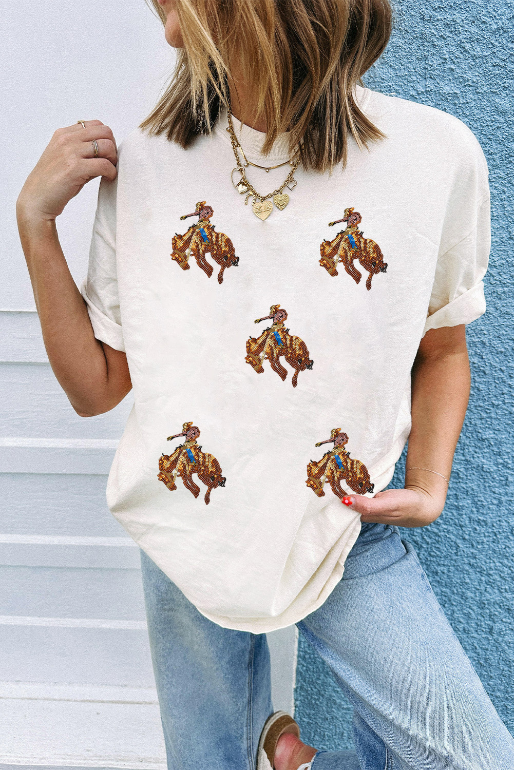 White Rodeo Patched Graphic Casual Round Neck Tee - loveforevers