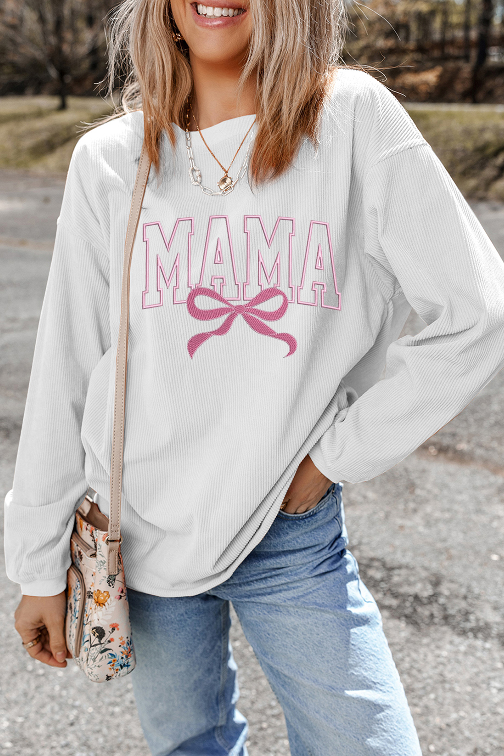 White MAMA Bowknot Embroidered Ribbed Pullover Sweatshirt - loveforevers