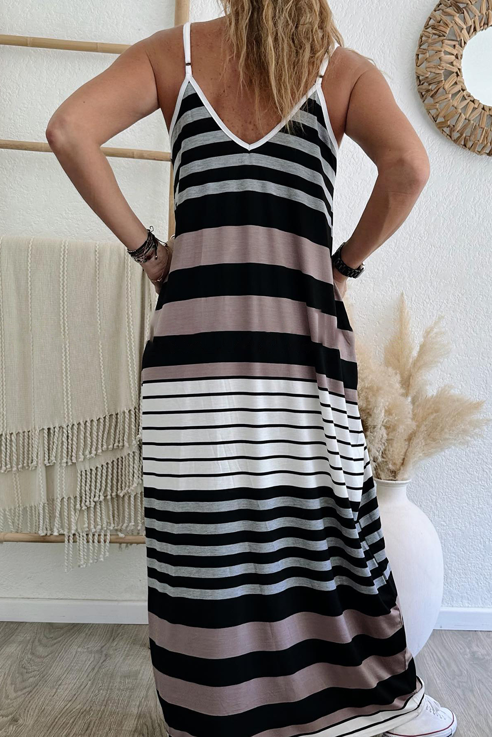 Multicolour Mixed Stripes Spaghetti Straps V Neck Maxi Dress - loveforevers