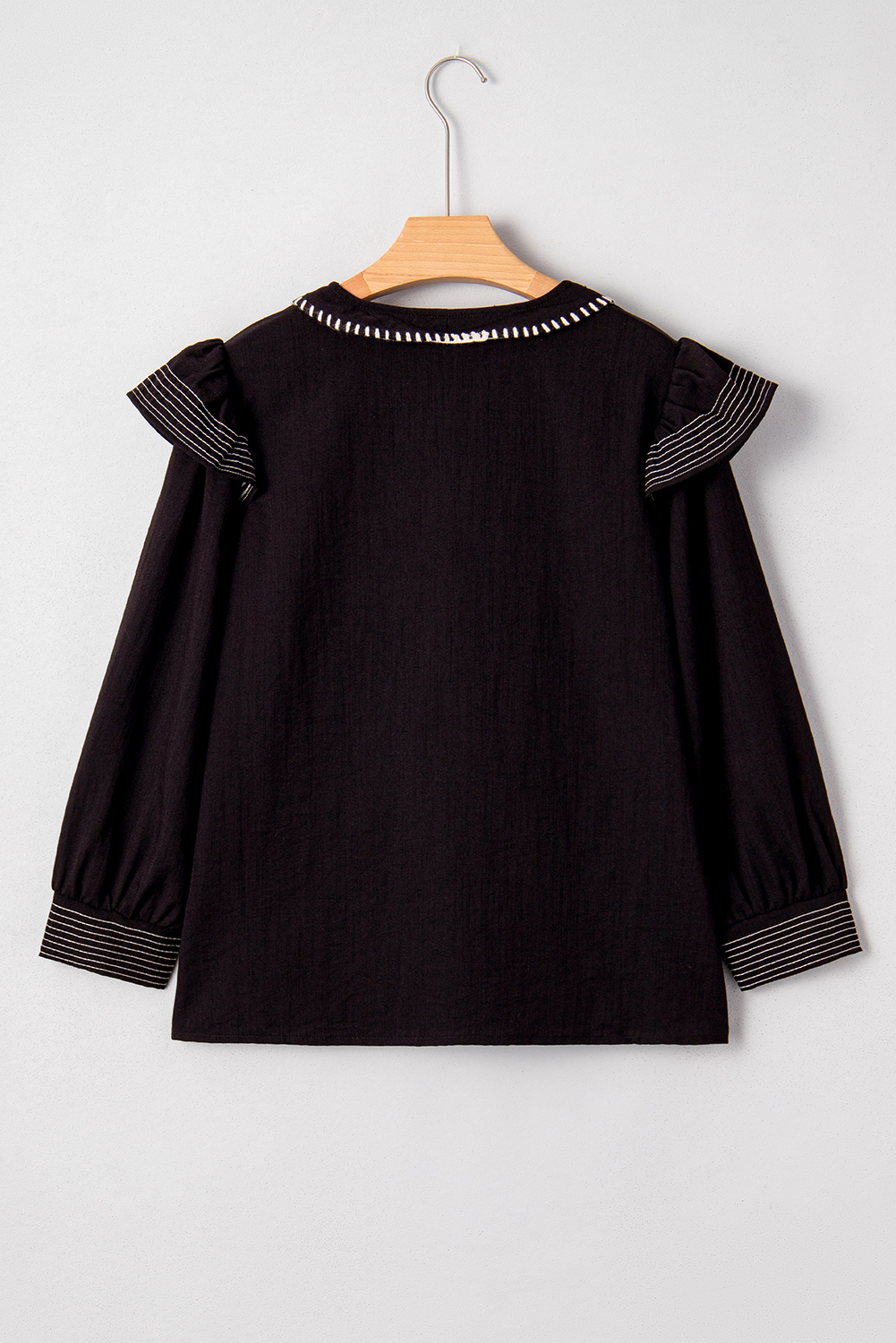 Black Contrast Stitched Detail V Neck Ruffle Long Sleeve Blouse - loveforevers