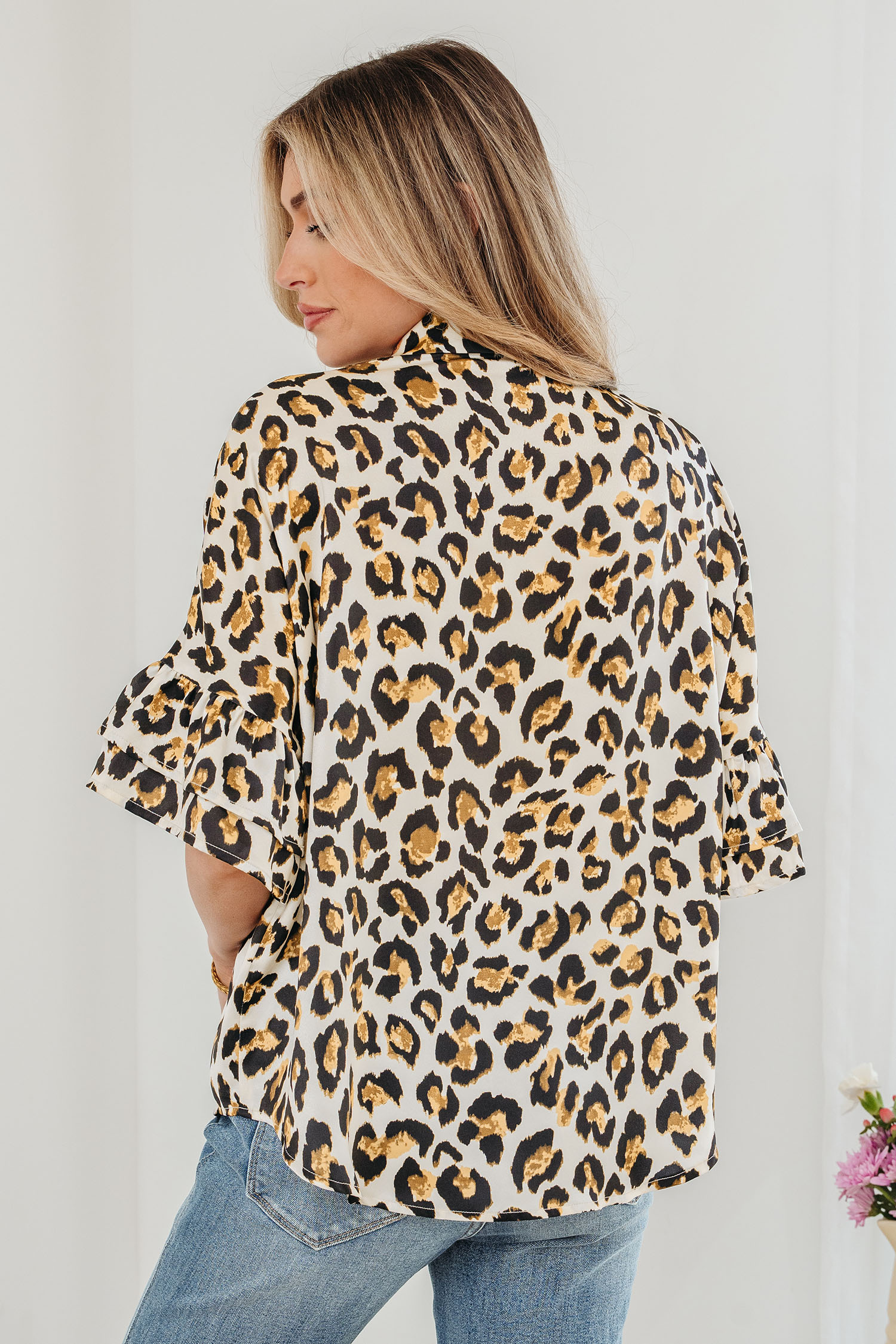 Khaki Leopard Print Ruffle Trim 3/4 Sleeve Loose Shirt - loveforevers