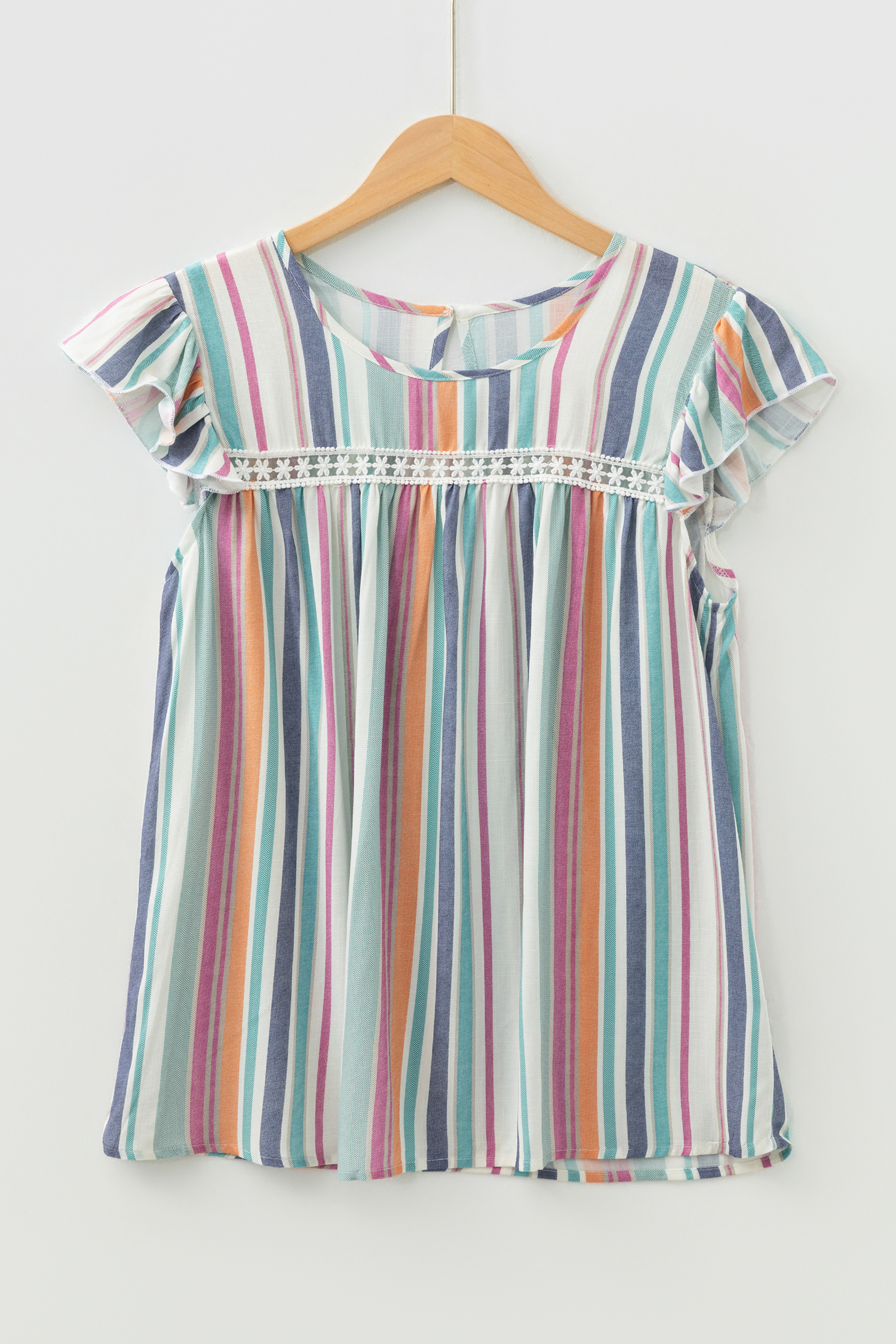 Light Blue Lace Hollow-out Insert Flutter Sleeve Striped Blouse - loveforevers