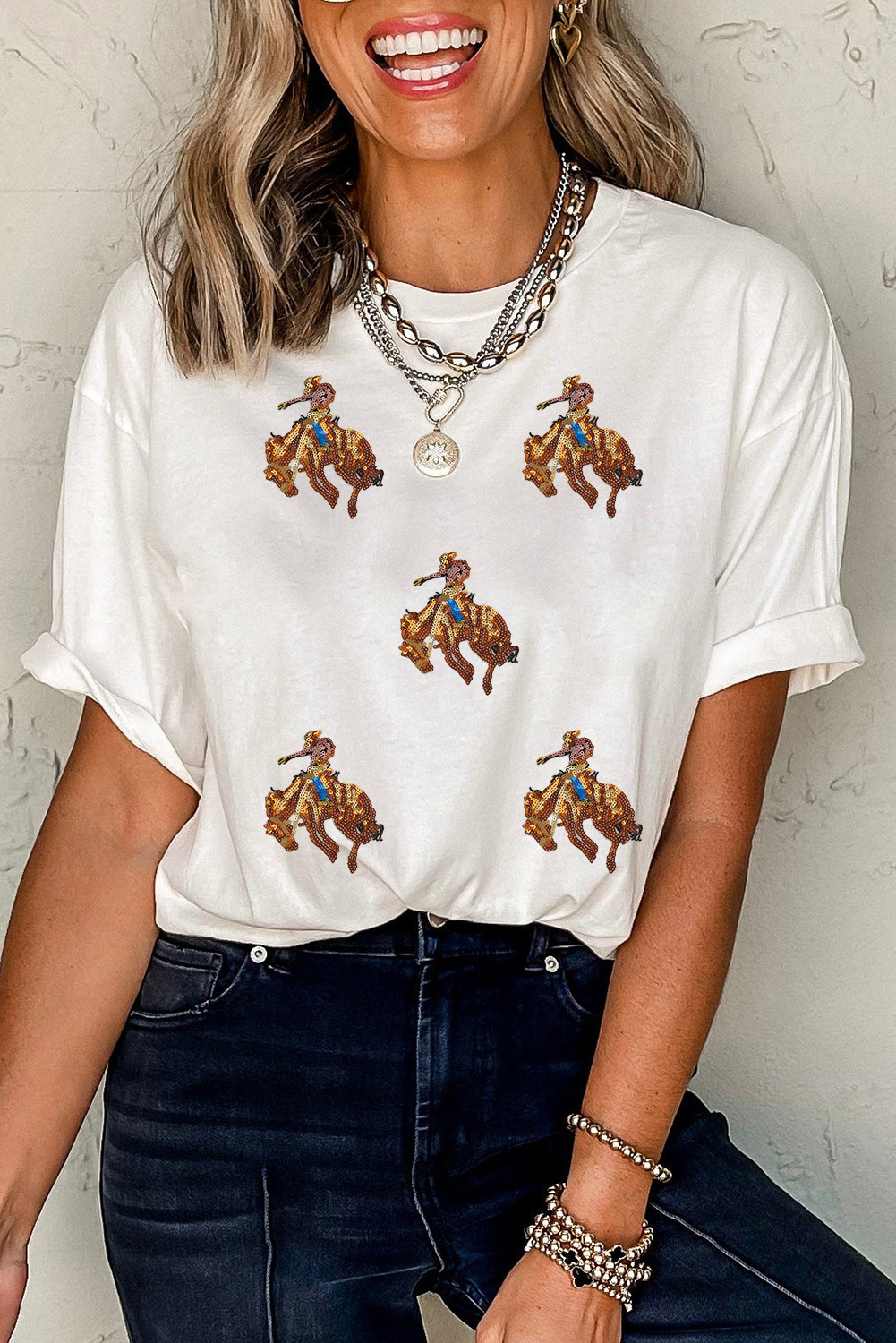 White Rodeo Patched Graphic Casual Round Neck Tee - loveforevers