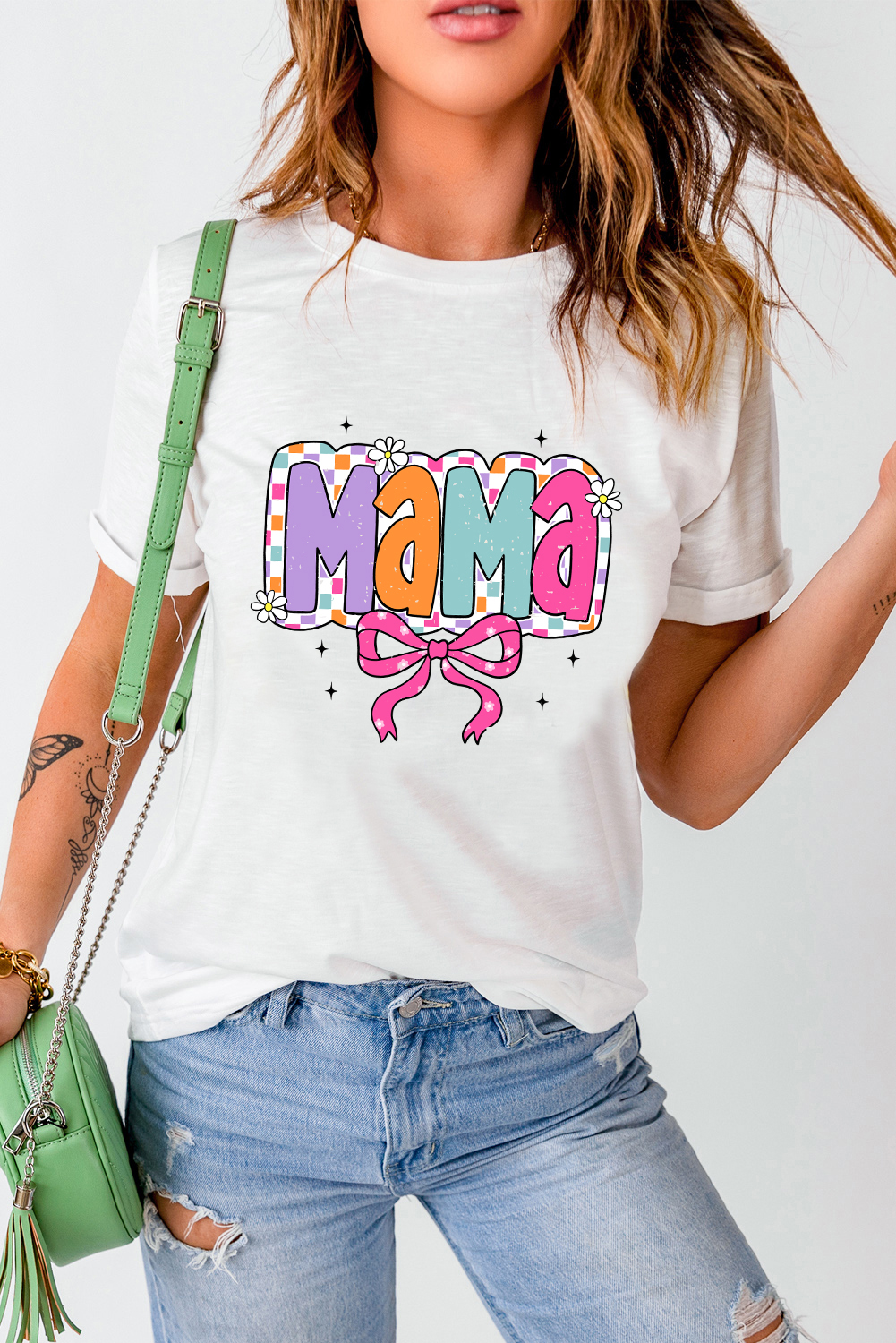 White Cute MaMa Bow Graphic Crewneck T Shirt - loveforevers