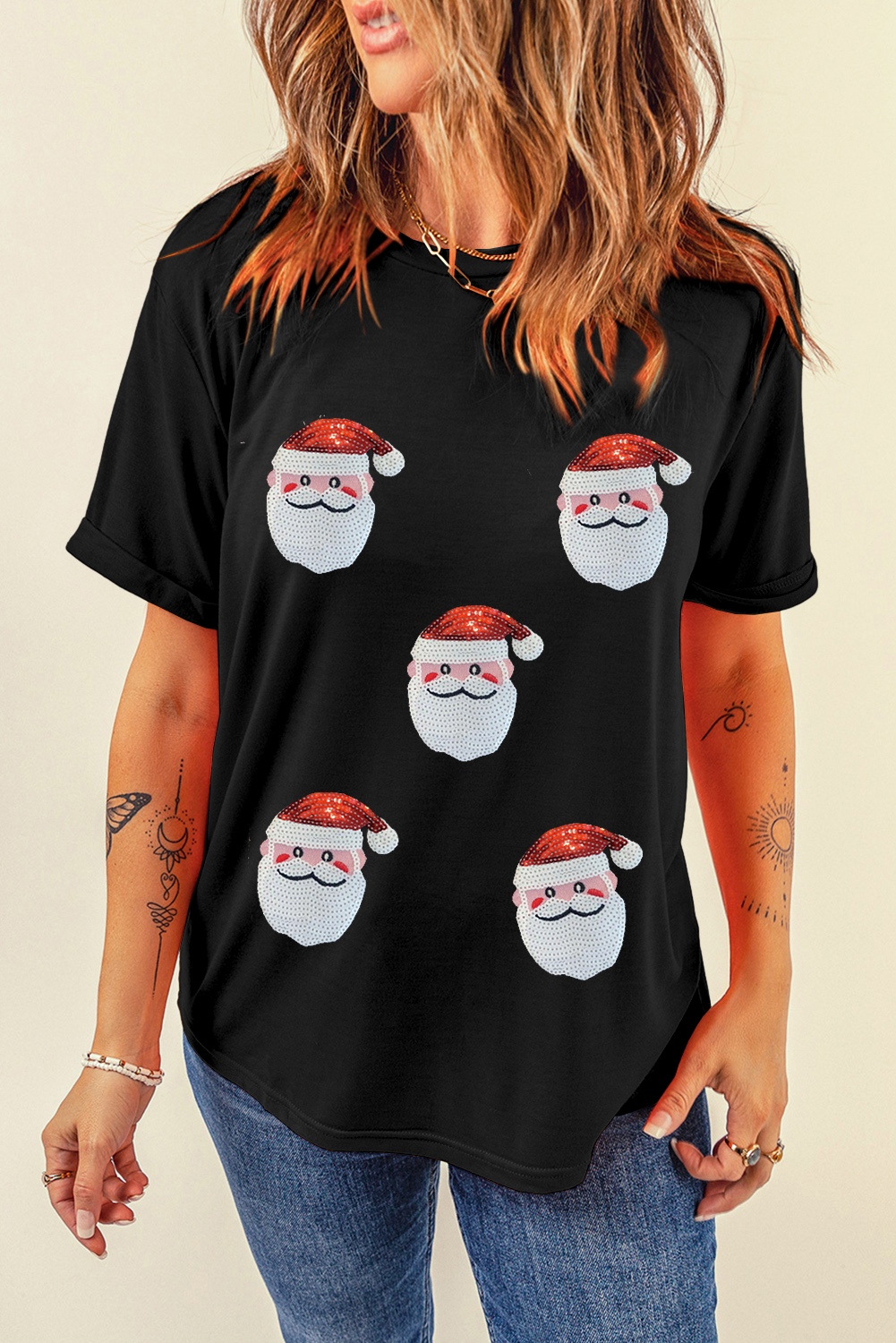 Black Faux Sequin Christmas Claus Pattern Crewneck T Shirt - loveforevers