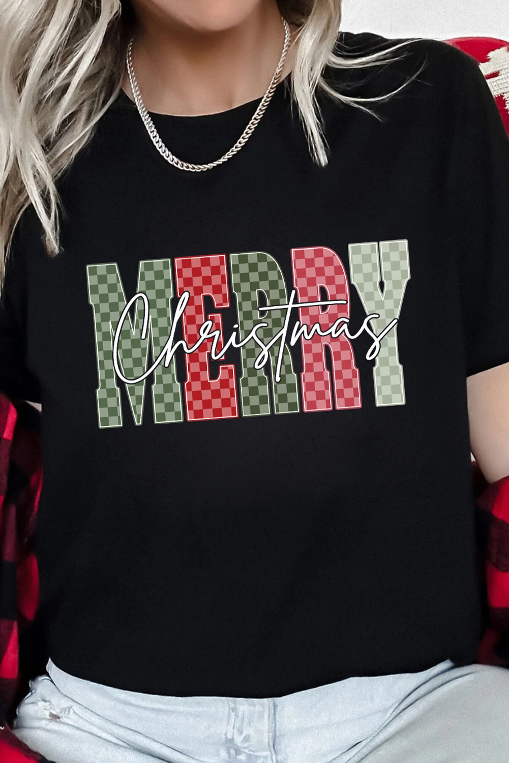 Black Plaid Checkered MERRY Christmas Graphic Crew Neck Tee - loveforevers